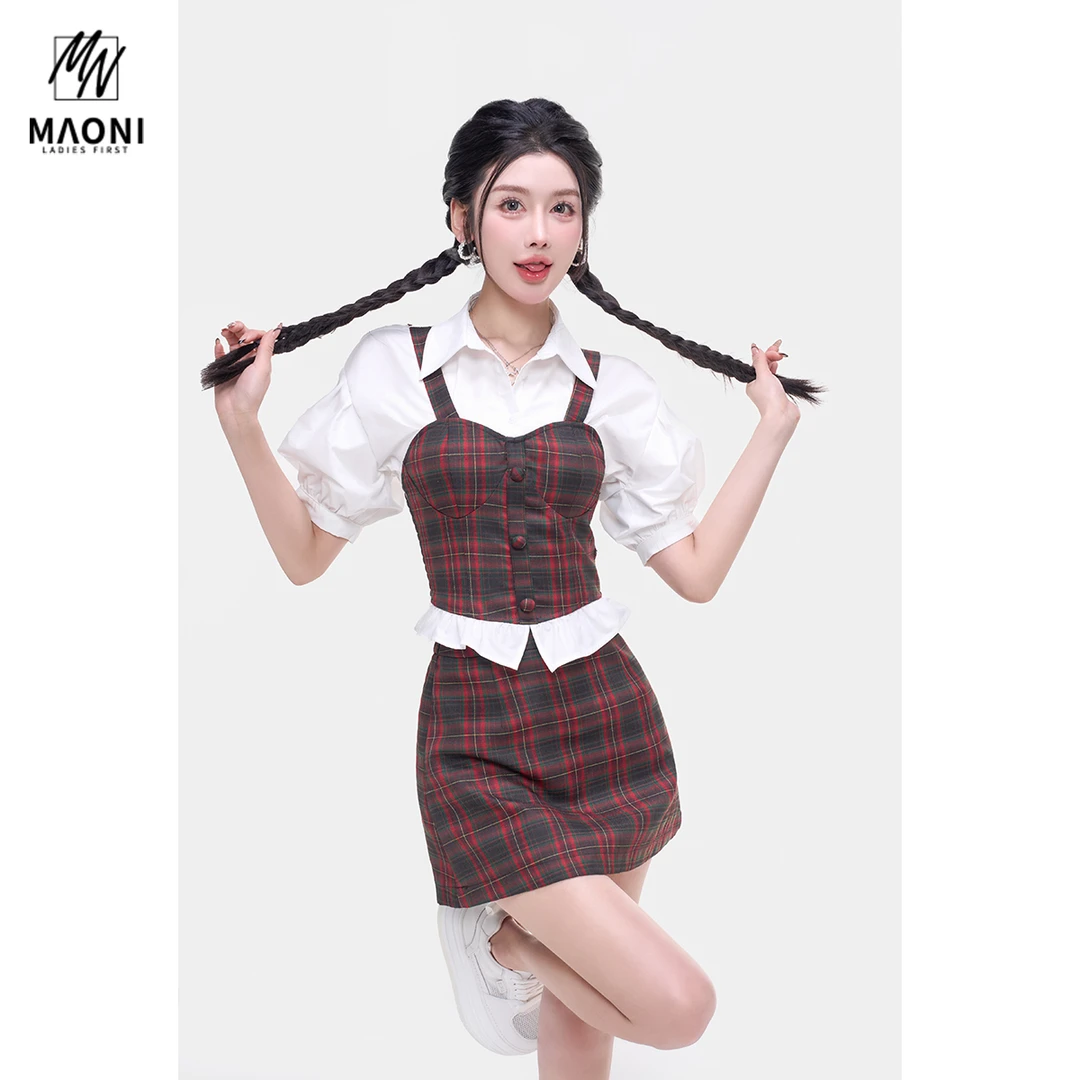 毛妮Peshe【美式高校】假两件红格拼接撞色马甲泡泡袖衬衫夏L1598