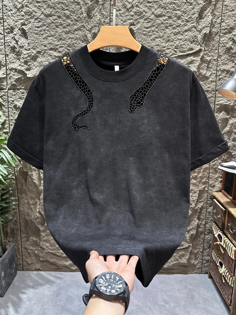 高级感美式潮牌镂空网格做旧圆领短袖T恤男百搭宽松重磅蜡染上衣