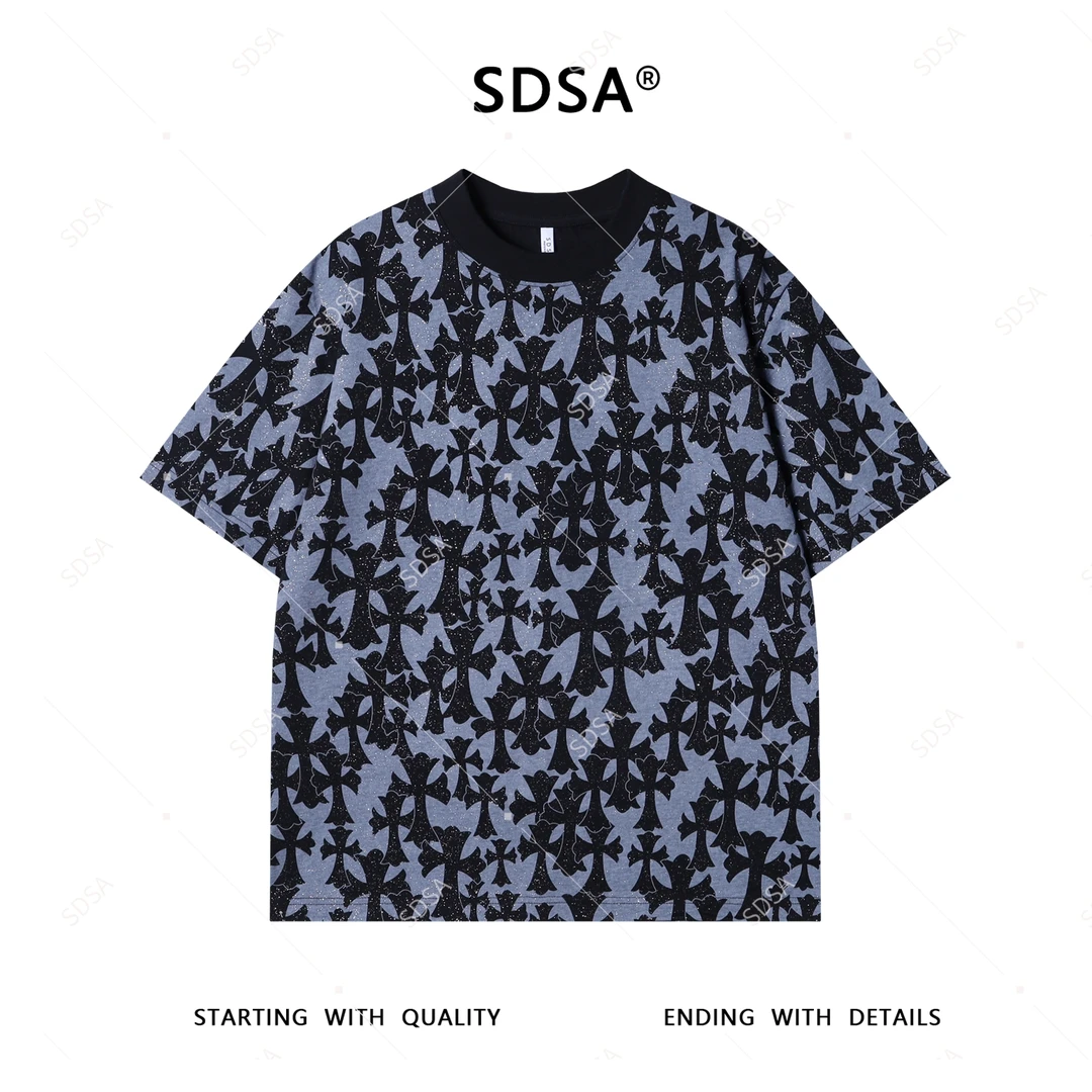 SDSA男士短袖t恤2025新款轻痞帅男装撞色十字满天星圆领上衣复古