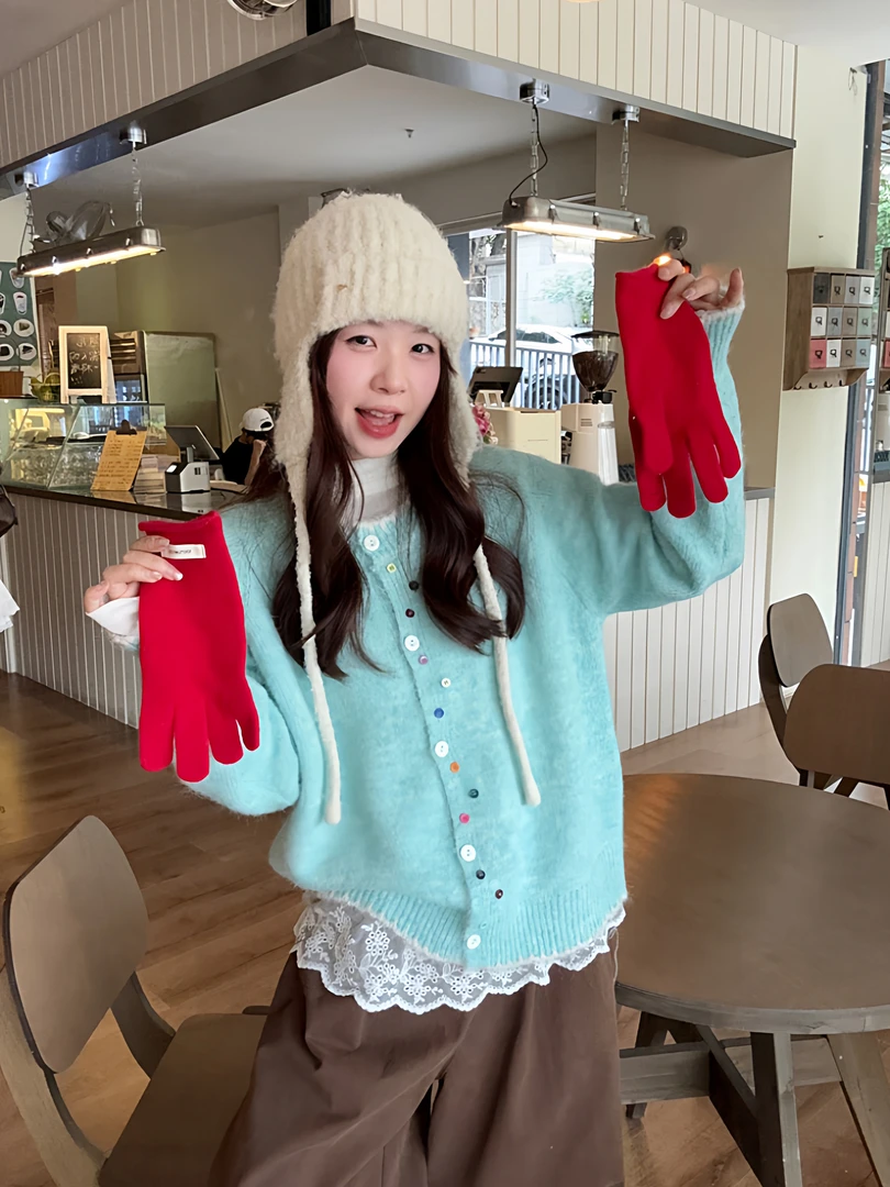 韩系彩扣撞色软糯长袖针织毛衣2025秋季新款减龄宽松开衫上衣女装