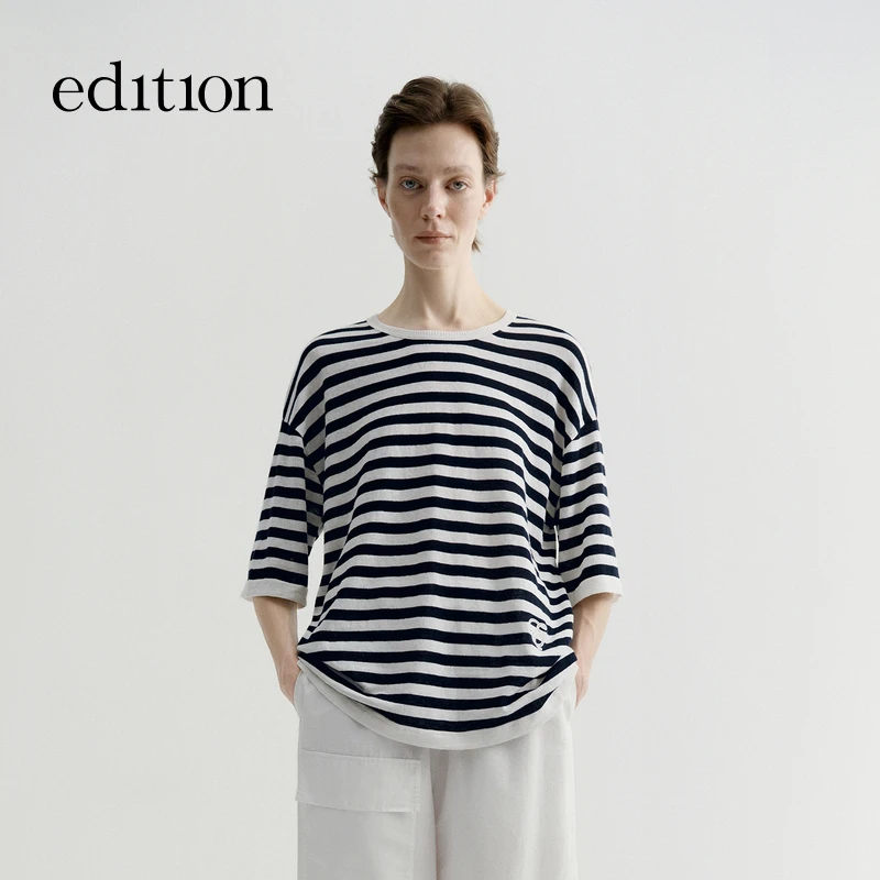 【E+轻生活系列】edition2025夏新款棉麻条纹针织T恤#EBE2SWT009