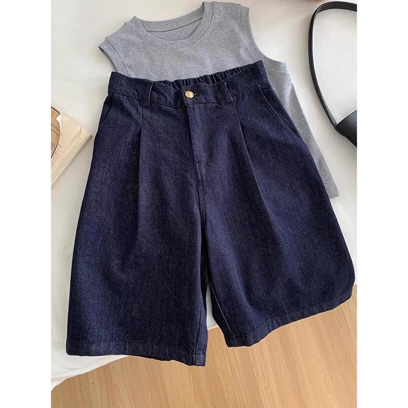 被惊艳到了！深蓝色休闲短裤女夏季2025新薄款宽松高腰A字五分裤