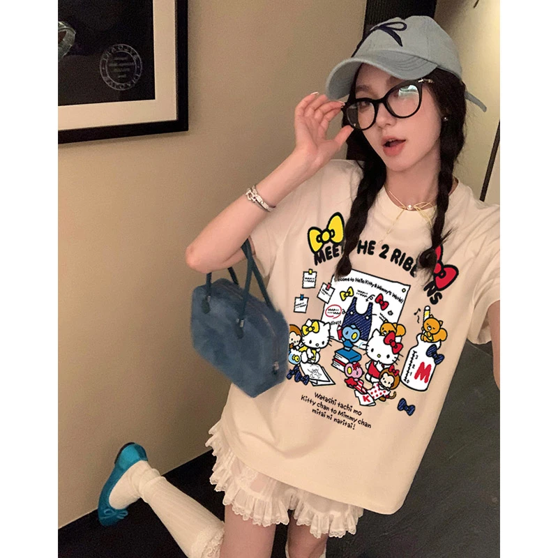 韩版卡通KT猫印花纯棉短袖T恤大妈女装夏季休闲百搭女装上衣ins