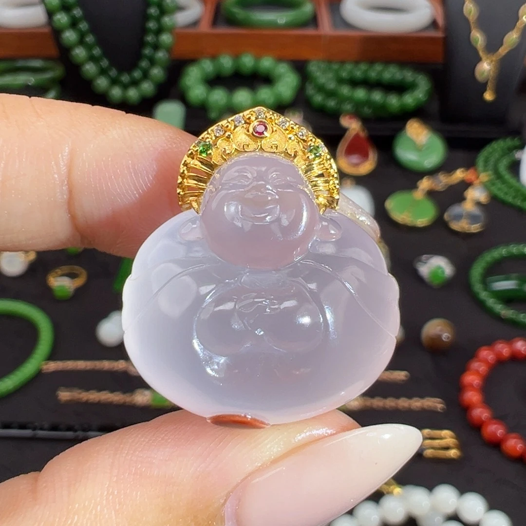 南红玛瑙18K金镶嵌颈饰原矿冰飘红起荧光抱抱佛