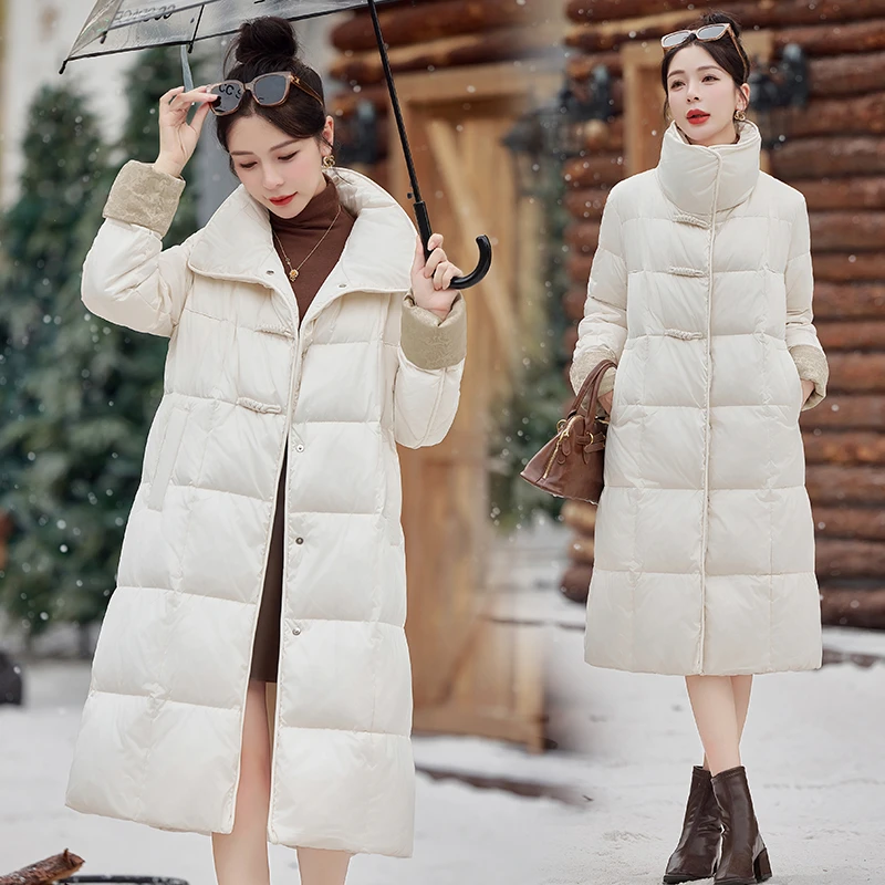 新中式复古盘扣羽绒服女2024年冬季新款加厚保暖白鸭绒中长款外套