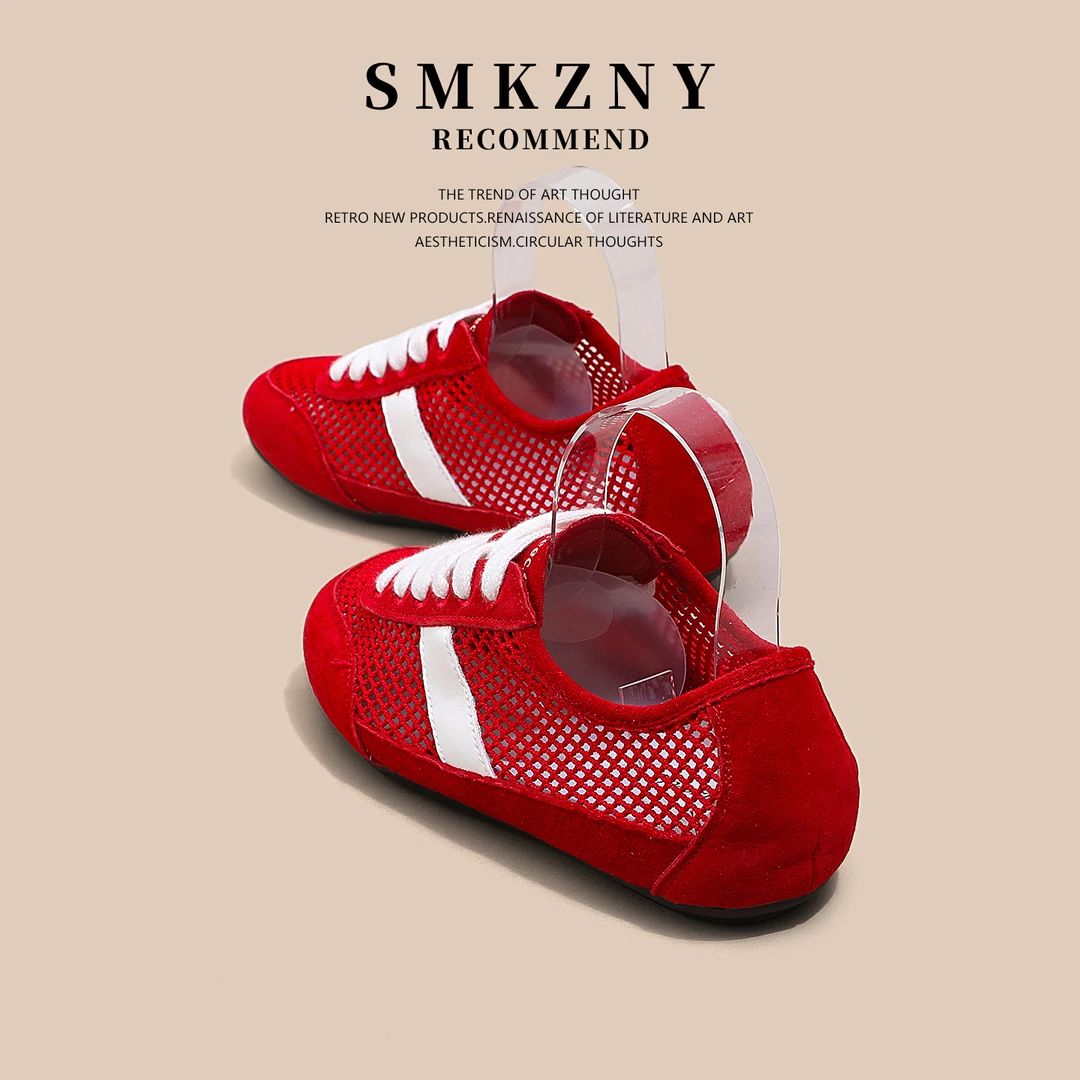 红色网鞋女透气网面2025新款夏季鞋子女时尚复古芭蕾德训鞋896-13