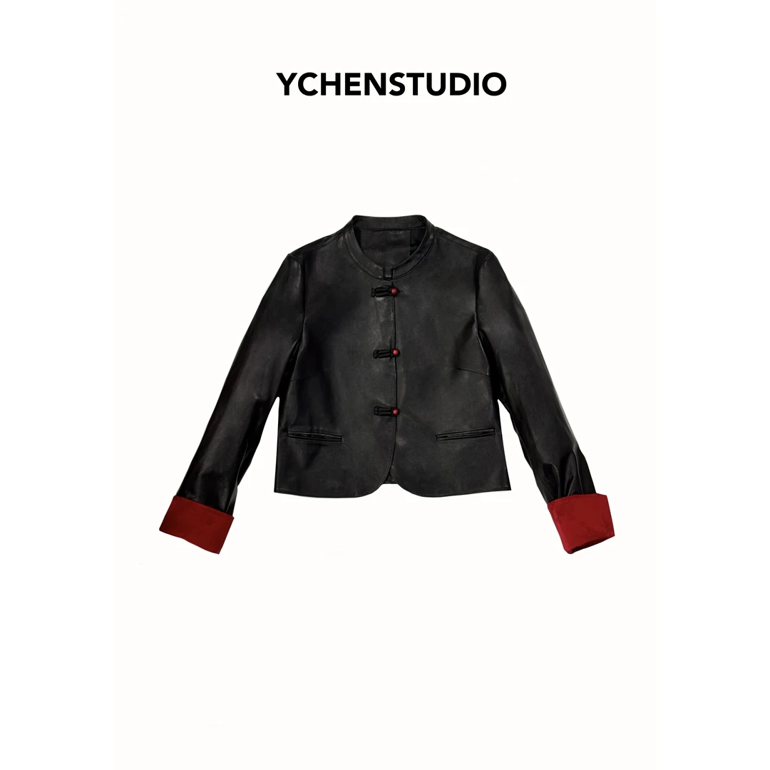 YC新中式红色琉璃扣短款皮衣G23919