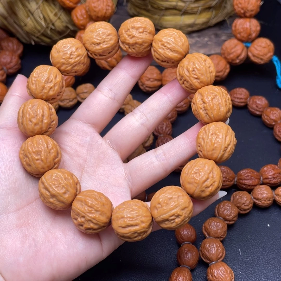 文玩核桃手串姜黄皮浅纹素圈
