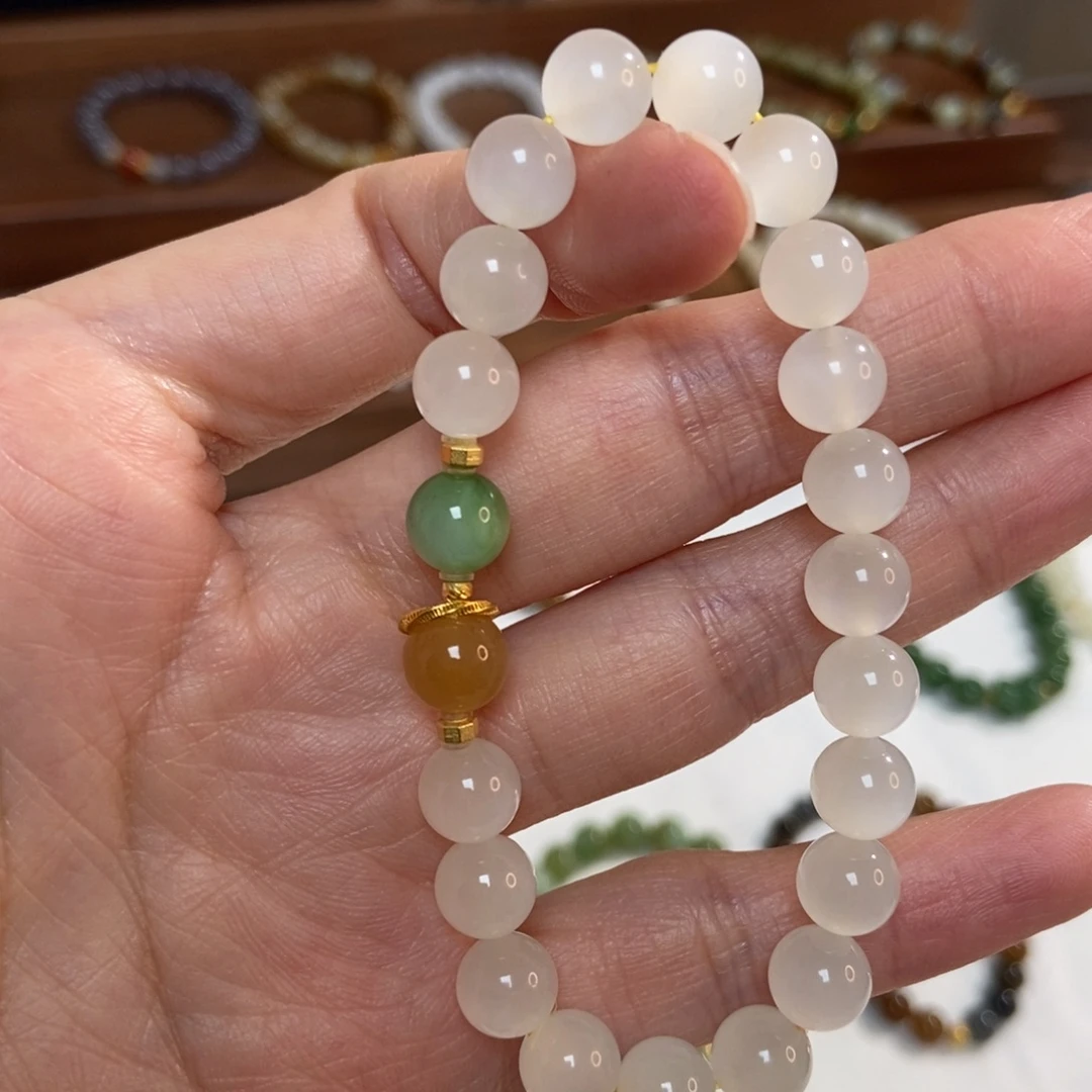 和田玉18K金镶嵌手链蜂蜜水8mm高冰底猫精品