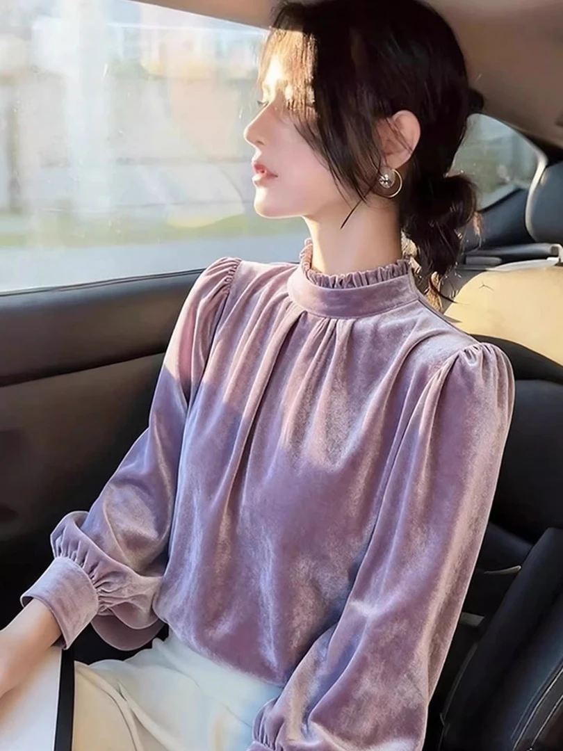 2025冬季轻奢高级感减龄洋气设计感小众独特超好看紫色丝绒衬衫女