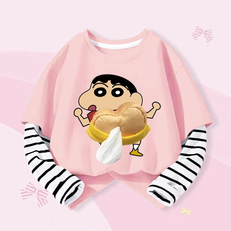 男女童卡通蜡笔小新屁屁抽纸纯棉长袖T恤春秋新款假两件圆领上衣