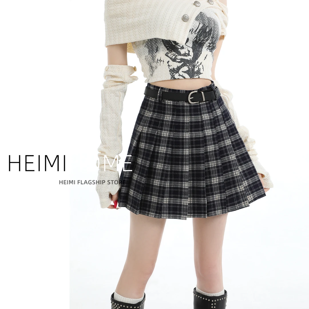 美式复古百褶裙子女春秋高腰显瘦小个子半身裙防走光a字格子短裙