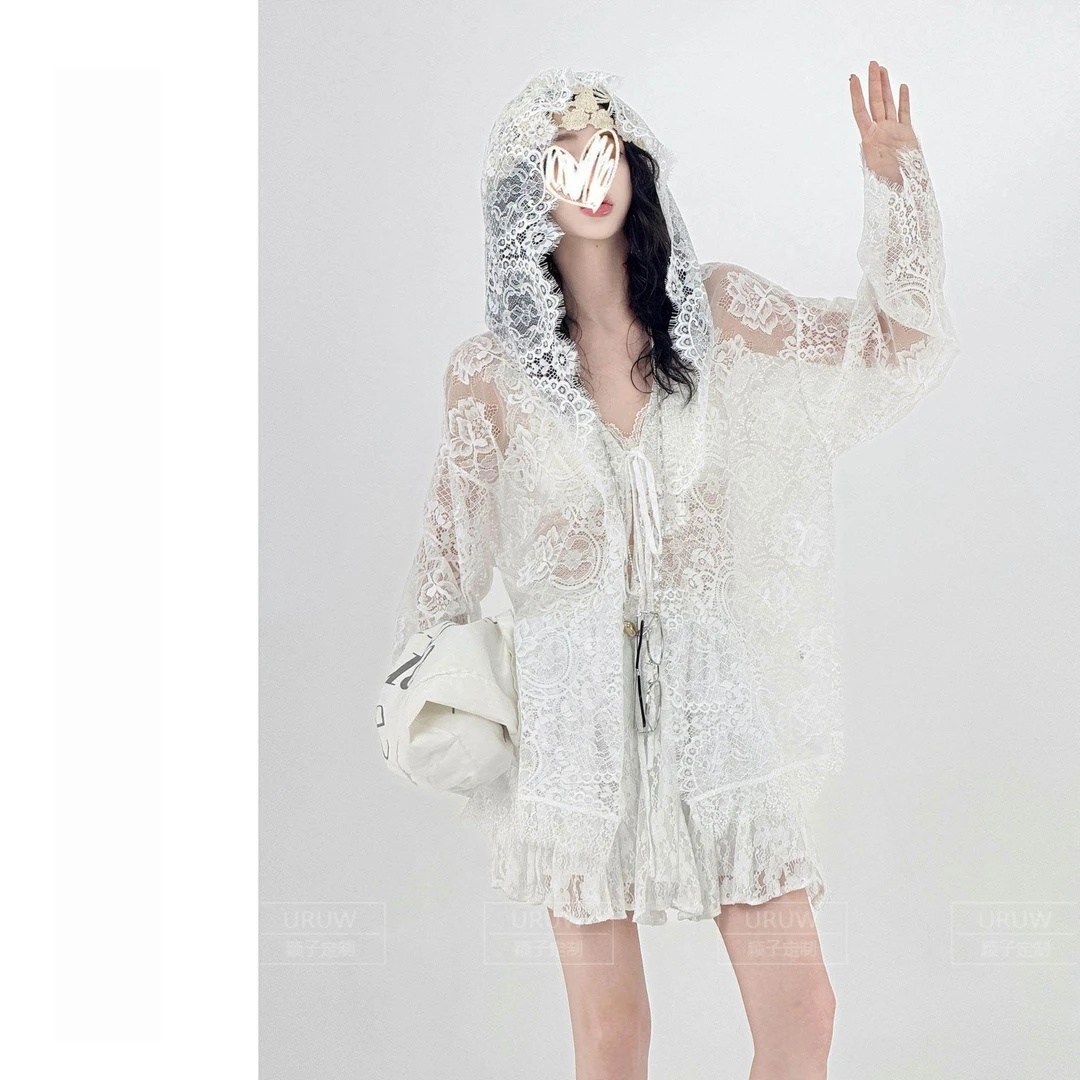 【玫瑰香氛】夏季休闲纯色长袖薄款透气蕾丝花边开衫宽松中长款上衣