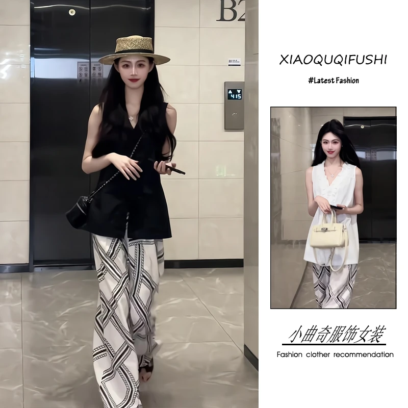 夏季一整套女装2025年新款韩版减龄时尚木耳边无袖背心格纹阔腿裤