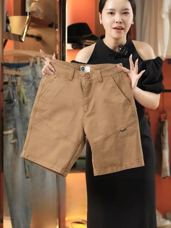 夏季原创高端美式复古深卡其色拼接休闲工装短裤男士裤子男款夏季