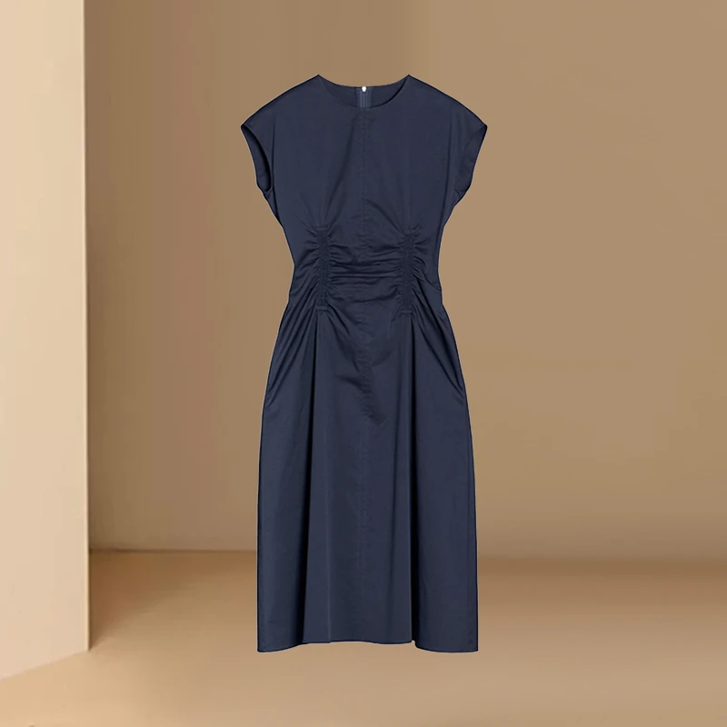 高级感抽褶收腰连衣裙女2025年夏季新款气质显瘦长裙圆领修身裙子
