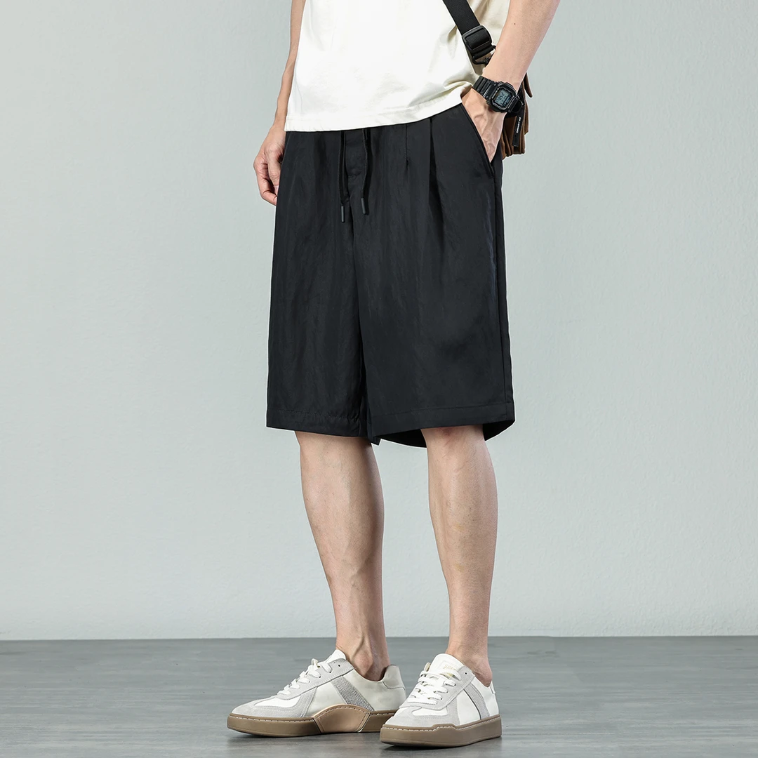 夏季莱赛尔天丝休闲短裤男士新款纯色五分裤子男宽松百搭直筒中裤