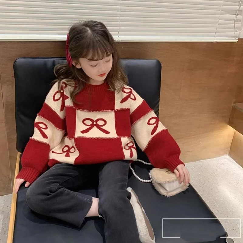 女童秋冬红色毛衣韩版小女孩时尚格子蝴蝶结针织衫中大童百搭上衣