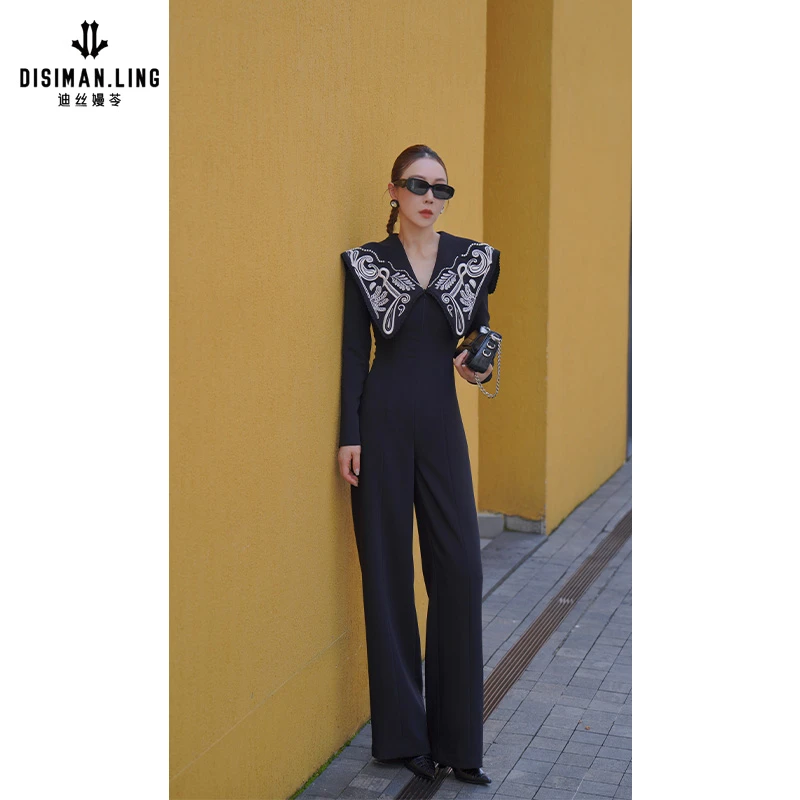 迪丝嫚苓黑色连体裤气质长袖时尚休闲显瘦修身小众优雅原创设计风