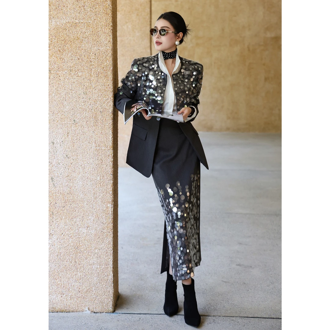 秋冬时尚套装高级感洋气手工亮片通勤个性女总裁西装两件套品质灰