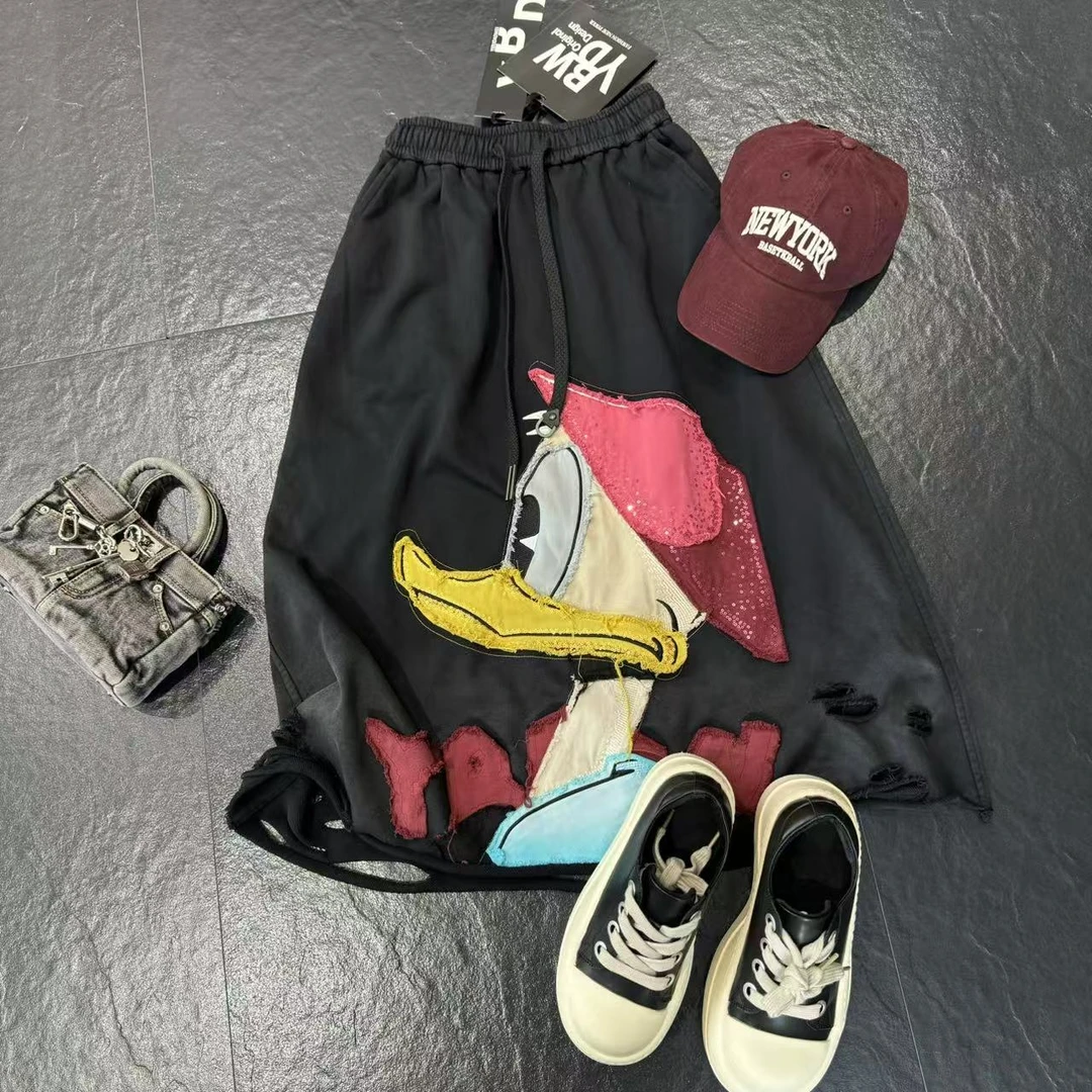 唐老鸭半身裙时尚夏季黑色宽松潮流设计师拼接秋季