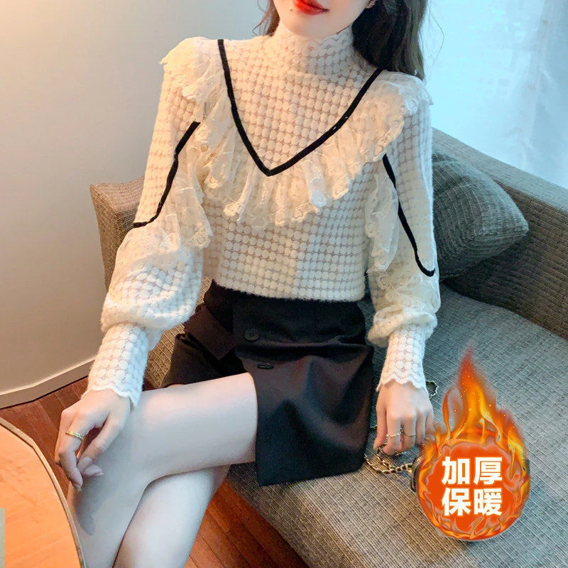加绒加厚蕾丝打底衫女秋冬气质新款甜美洋气显瘦荷叶边高领长袖