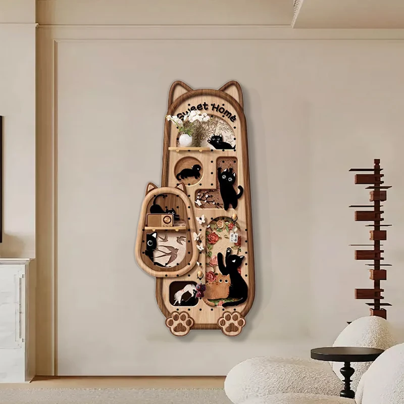 中古风猫咪洞洞板玄关客厅卧室装饰画多功能置物架收纳壁画157