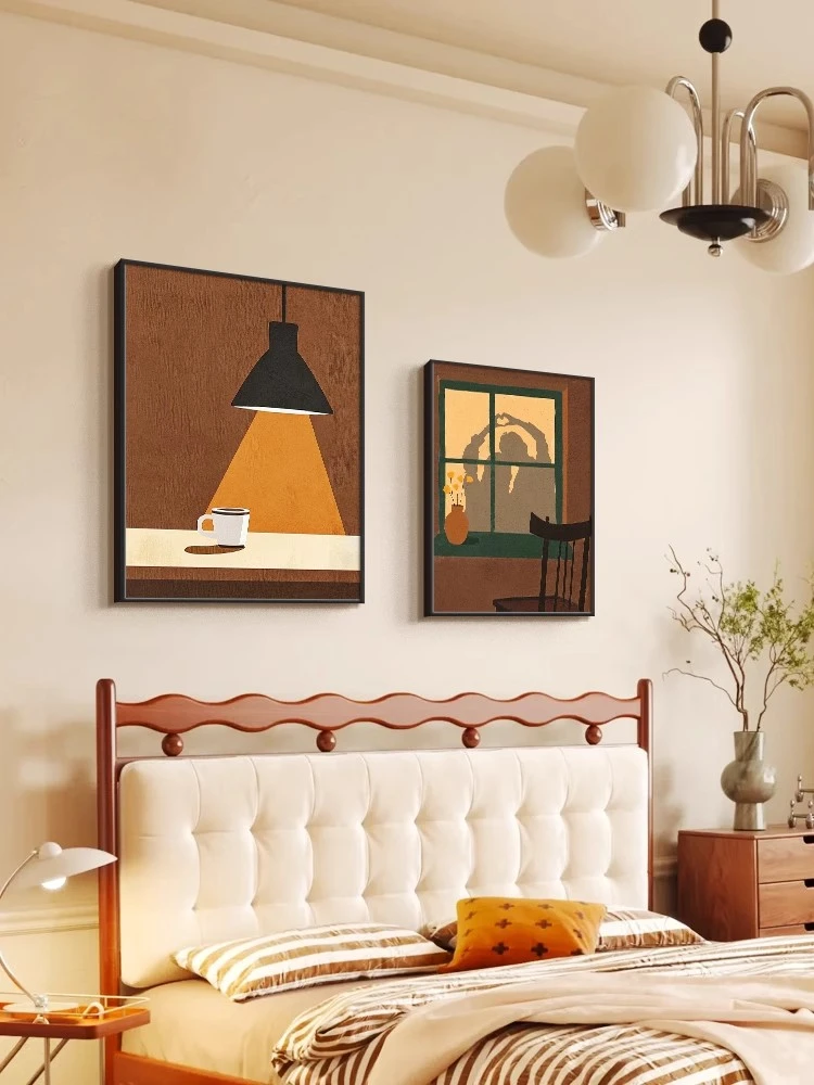 中古风现代装饰画简约卧室光影主卧床头挂画墙画法式复古餐厅壁画