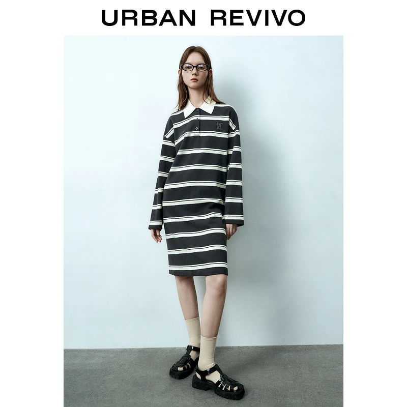 UR秋冬新款女装时尚休闲经典条纹polo领长袖连衣裙UWU730045