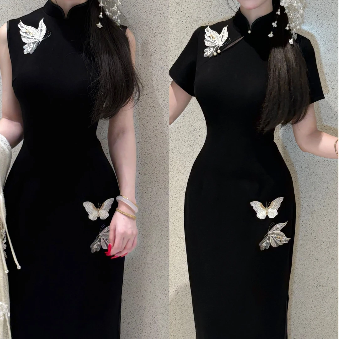LHMknk1画报夫人原创自制高级新中式刺绣弹力西装旗袍 白金蝴蝶