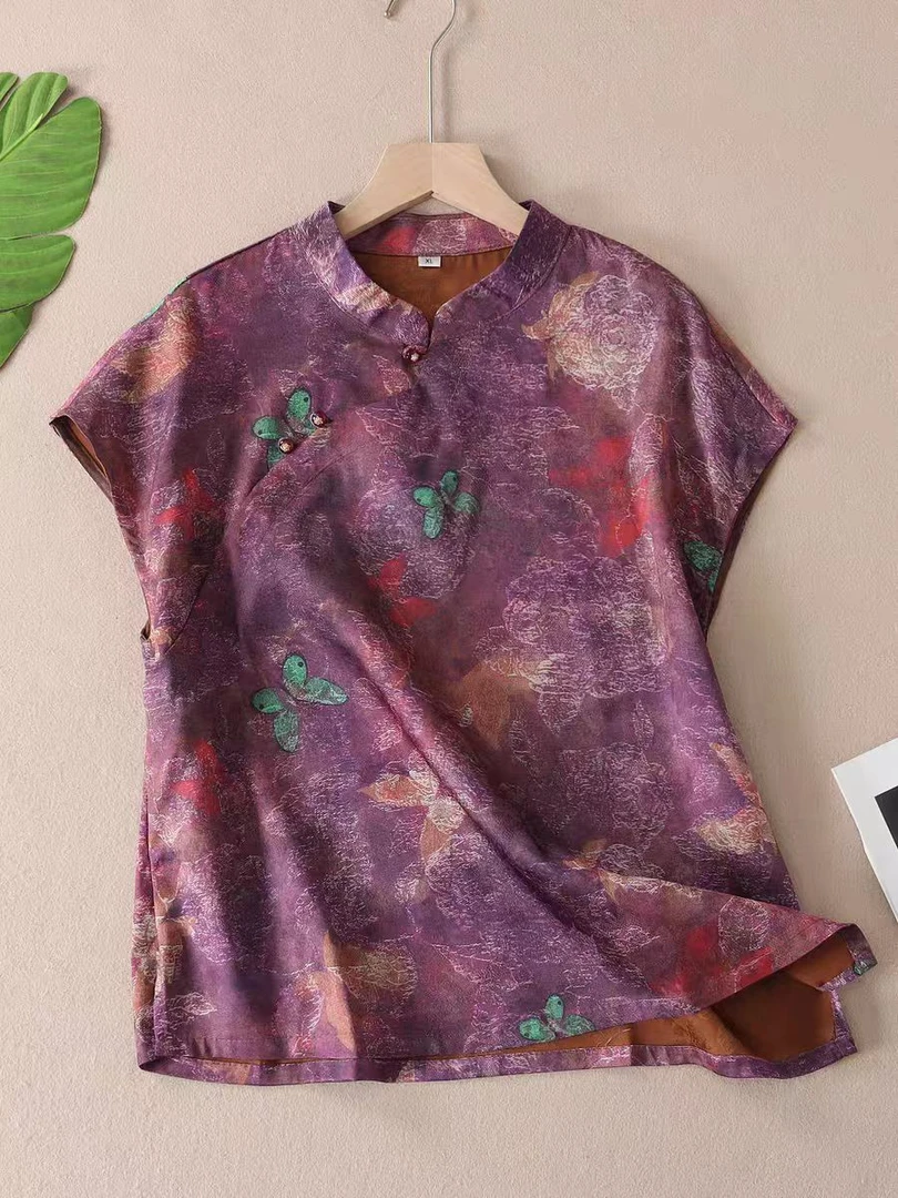 【391】国风新中式上衣提花薄款老料斜襟短袖无袖立领