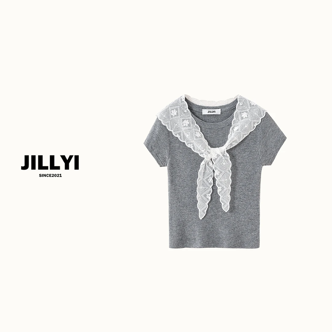 jillyi【月影蕾丝】灰色圆领搭配白色蕾丝围巾时尚百搭针织衫