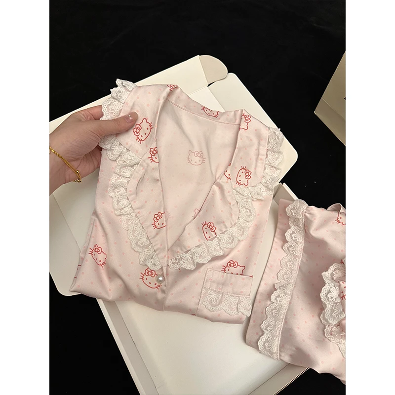 【波点kitty】韩系清纯甜美冰丝蕾丝边睡衣女爆款可外穿家居服套装