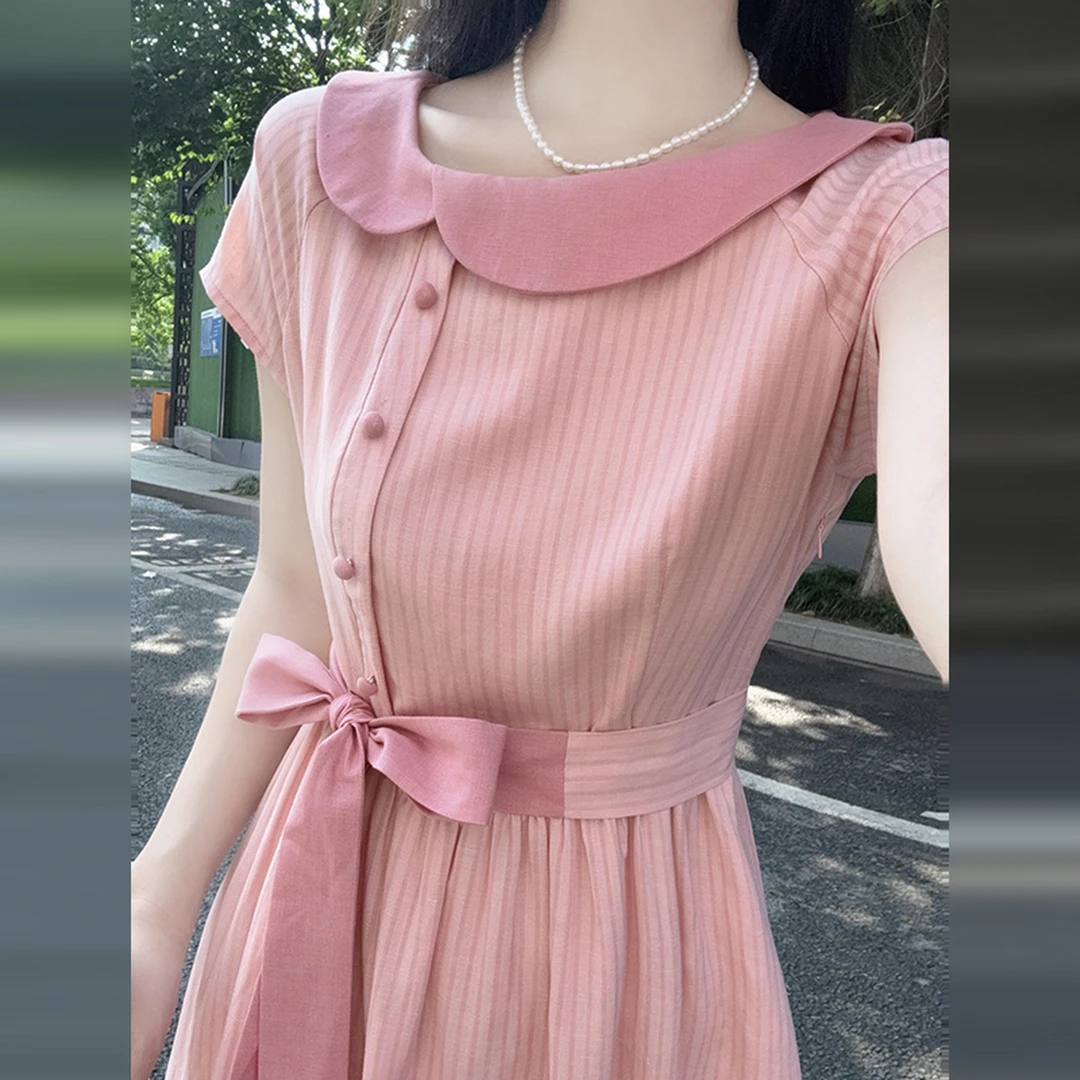 2795温柔风粉色条纹连衣裙子女夏季2025新款爆款独特漂亮绝美长裙