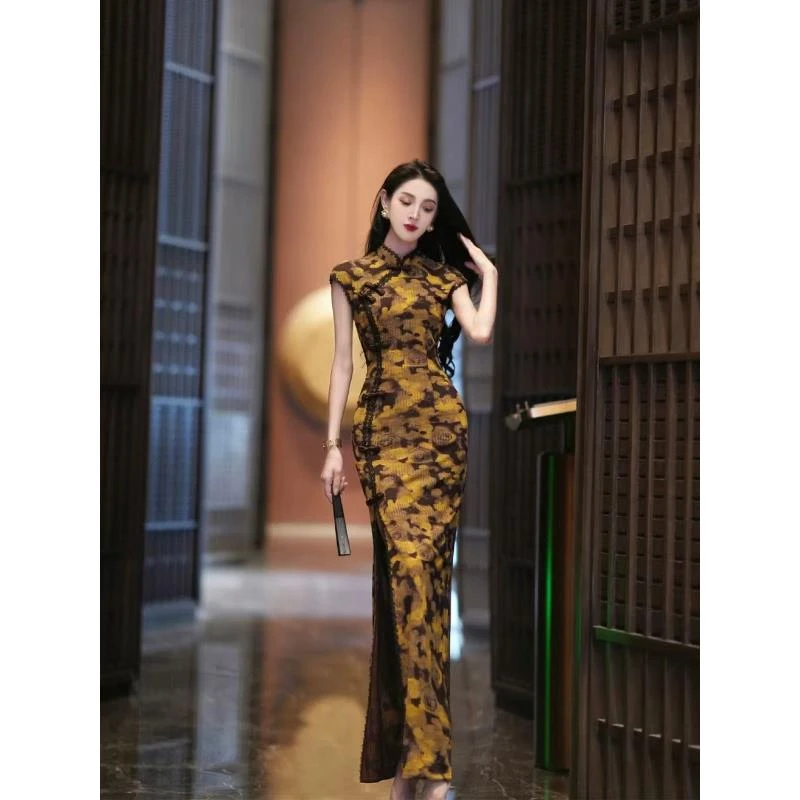 高定轻奢印花修身气质优雅温柔高腰开叉旗袍