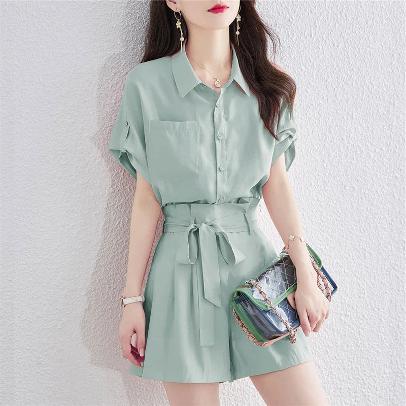 【两件套】气质短袖衬衫女宽松衬衣+设计感高腰阔腿短裤时尚套装