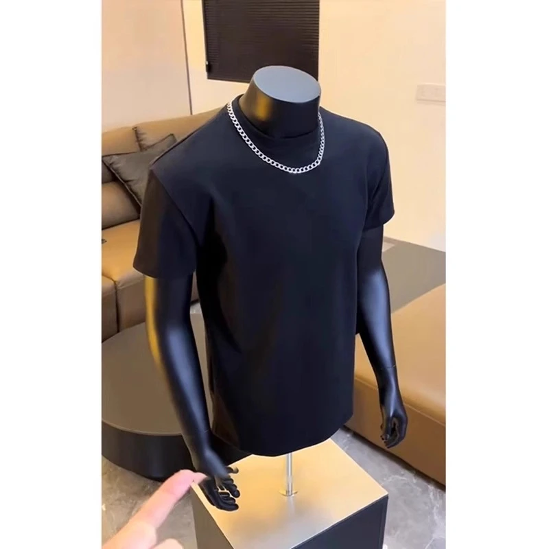 cleanfit黑色正肩短袖男款夏季美式重磅二本针圆领口t恤五分半袖