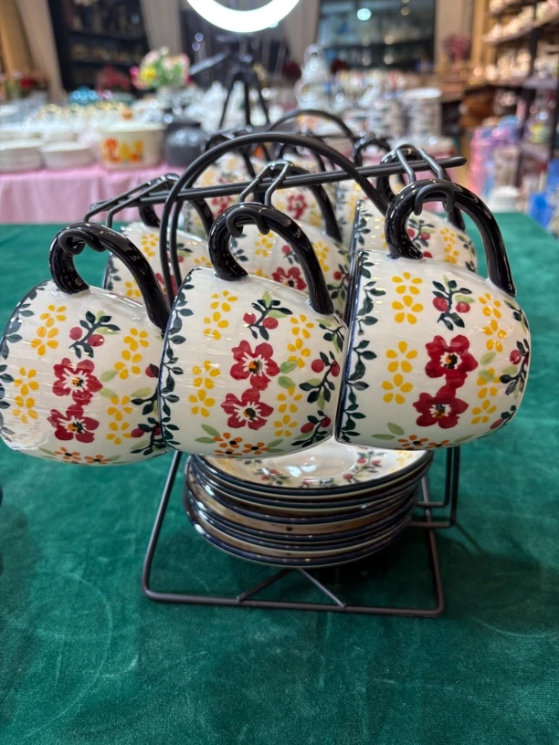 阿勒玛 新疆包邮缤纷手绘6杯6碟家用加耐磨轻奢