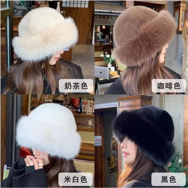 毛绒蒙古帽子女加厚秋冬季防风防寒保暖盆帽仿貂毛护耳渔夫帽