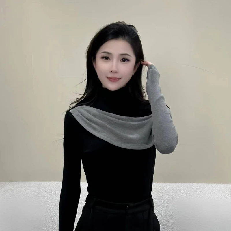 【暮色魅影】高级撞色假两件拼接半高领长袖T恤女秋冬紧身打底上衣