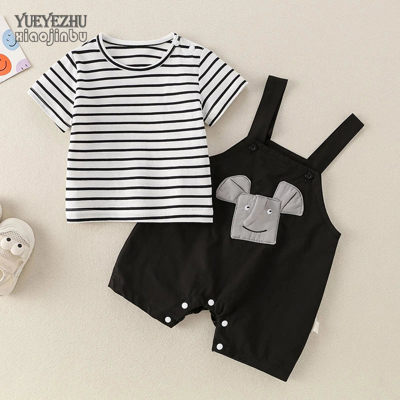 男宝宝背带裤套装夏装2025新款婴儿衣服夏季韩版条纹分体两件套潮