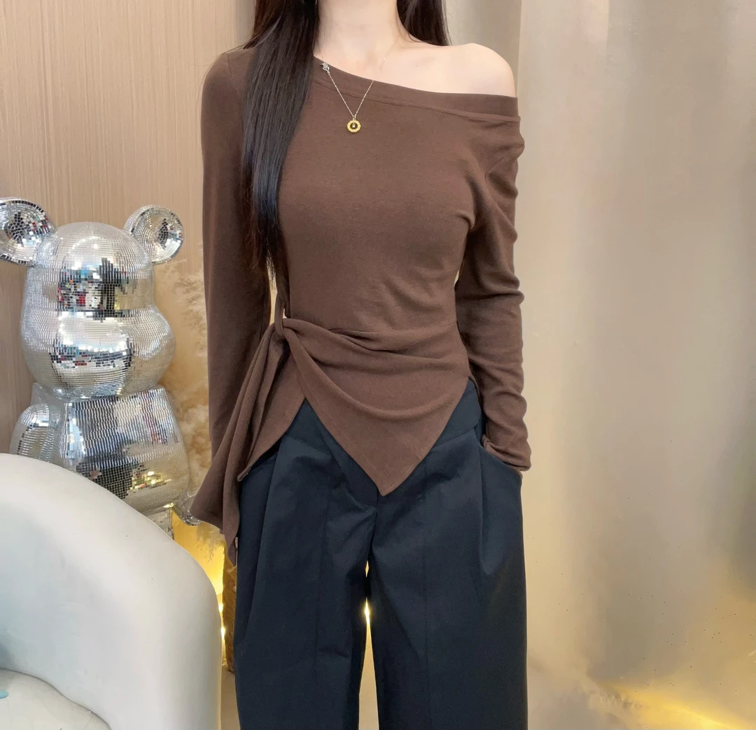 斜肩长袖T恤韩系下摆不规则2025早秋新款开叉收腰高级感显瘦百搭