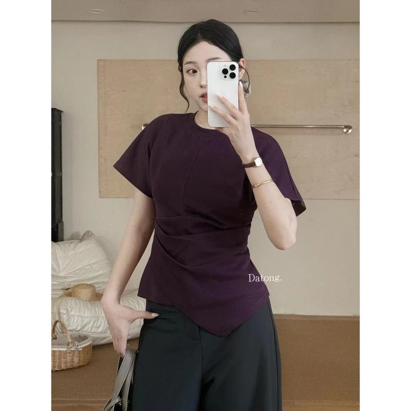 夏季新款简约设计感圆领收腰不规则短袖T恤女