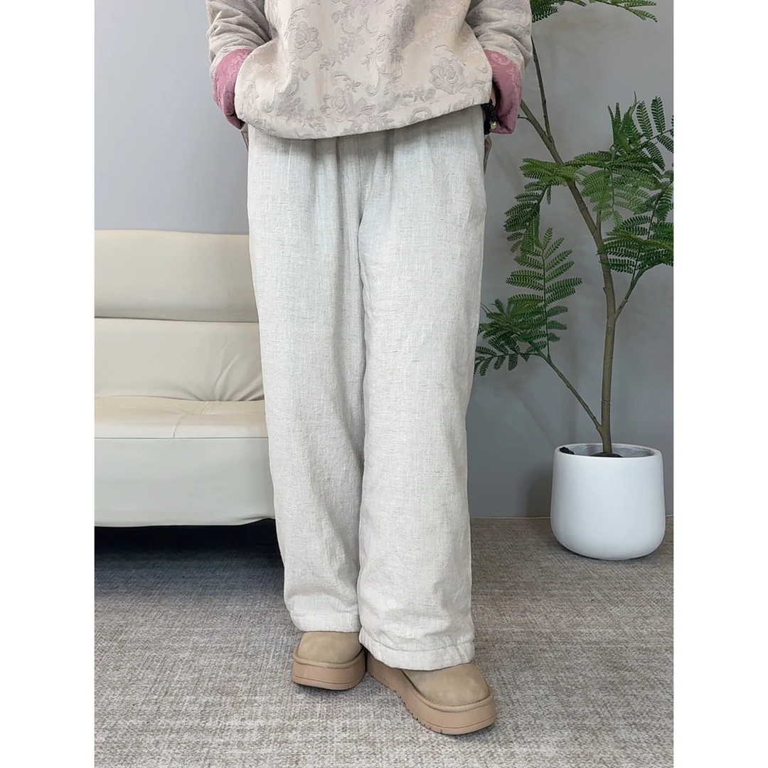 冬季棉麻直筒休闲裤夹棉加厚保暖显瘦外穿棉裤苎麻阔腿裤女9017