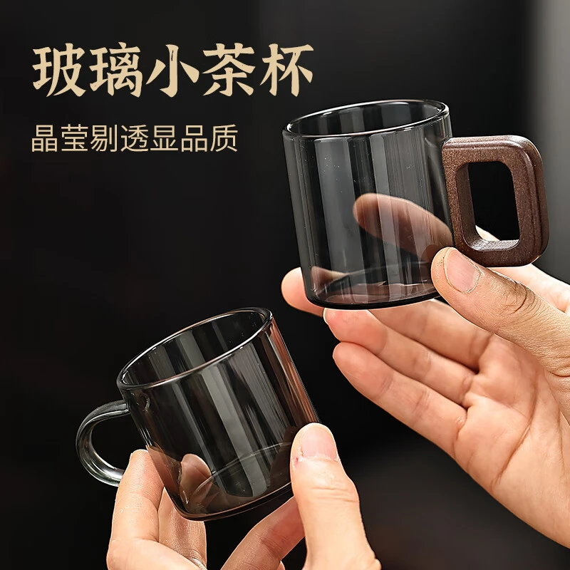 玻璃小茶杯耐热家用功夫茶具套装透明单个主人杯子加厚带把6只装