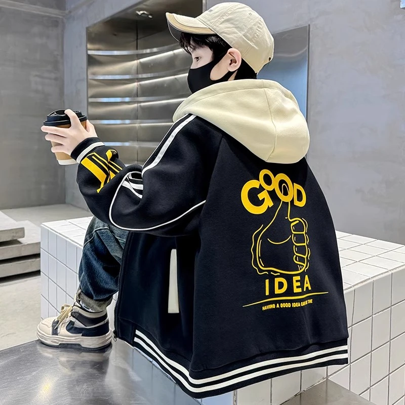 儿童装男童外套春秋款棒球服2025新款洋气中大童加厚男孩连帽秋冬