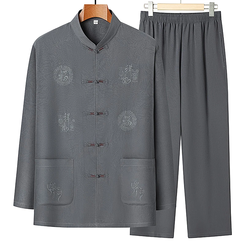 新中式休闲复古唐装中国风刺绣衬衫男长袖宽松立领中山装衬衣薄款