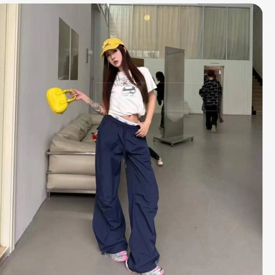 【现货+运费险】字母绣花高腰阔腿裤夏季工装裤休闲百搭运动宽松裤