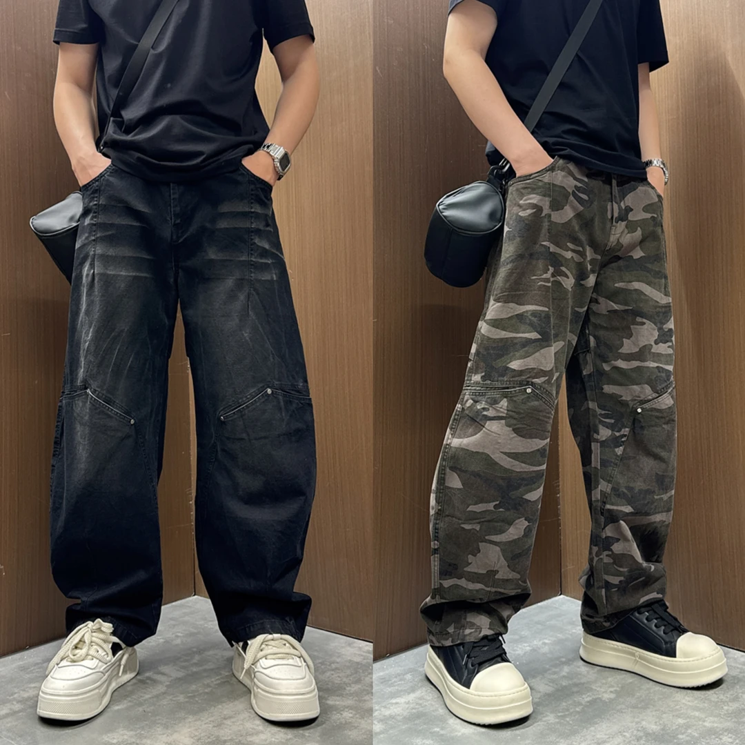 美式高街休闲迷彩户外百搭工装秋冬季做旧垂感弯刀直筒阔腿牛仔裤