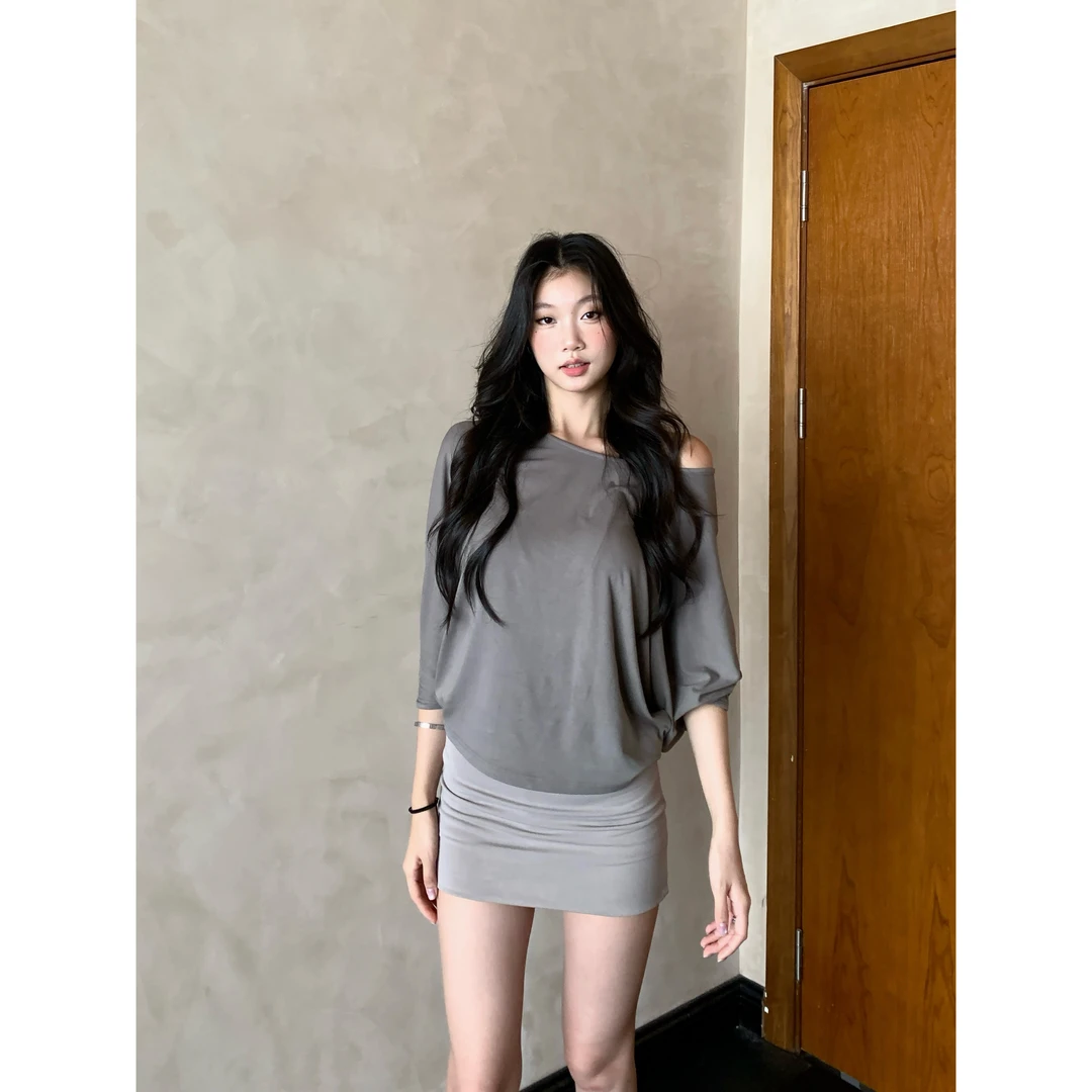 withmin凉皮 轻薄天使 斜肩长袖百搭T恤上衣女夏季微宽松2523464